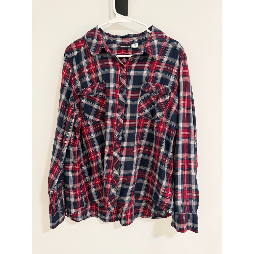 Joe Boxer Red Navy Plaid Flannel Button Up Shirt Women's Plus 1X